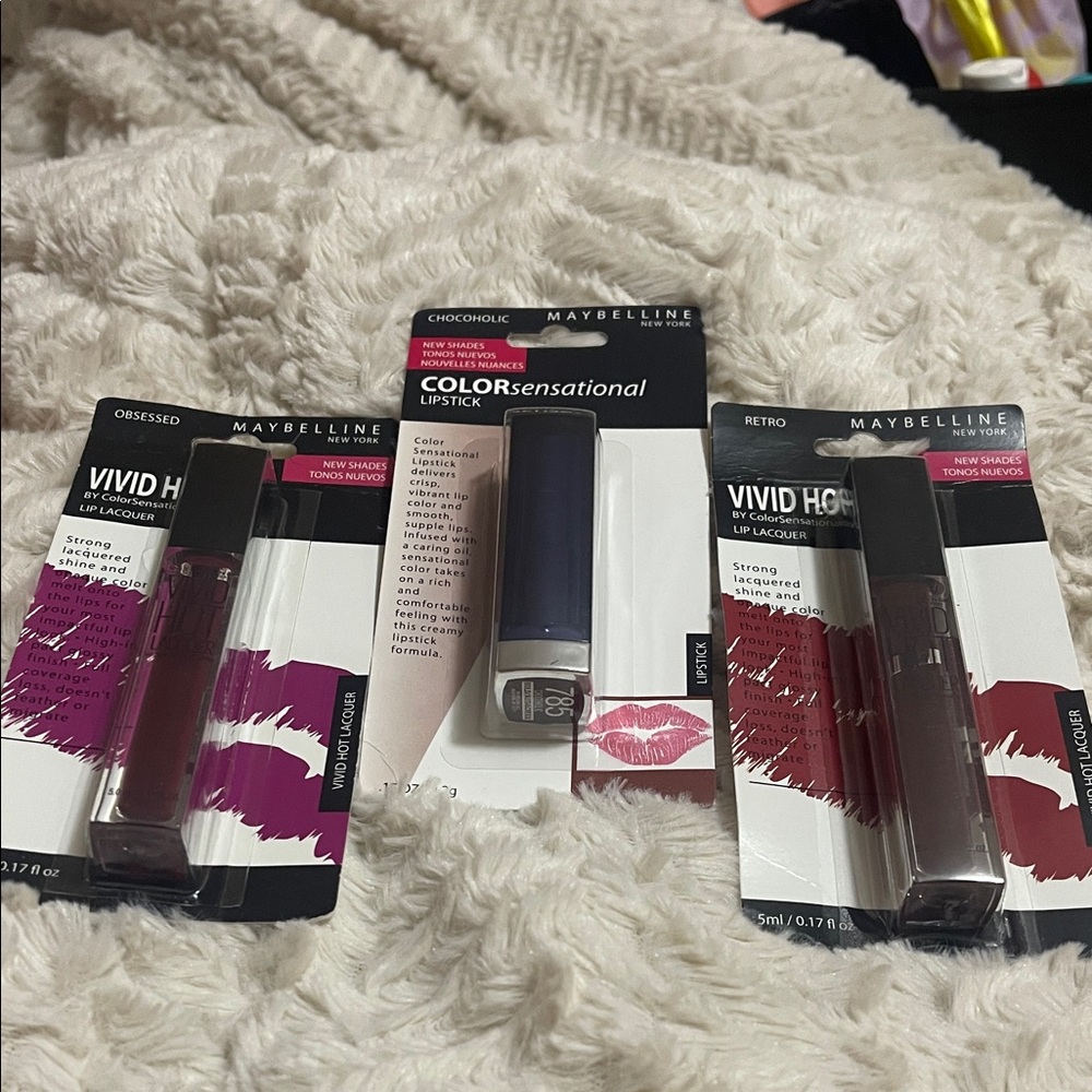 Maybelline Vivid Hot Lip Lacquer and Lipstick Trio - Purple, Brown, Blue